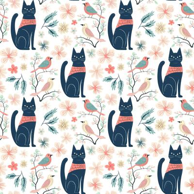 Vector seamless pattern with cats and birds. Spring backgrounds in folk style. Floral wallpaper