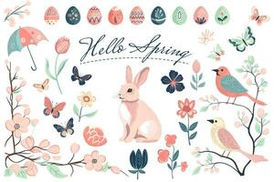 Spring collection. Hand drawn spring elements flowers, bird, bunny. Vector illustration. Trendy spring design