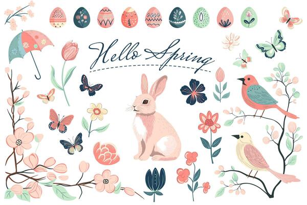 Spring collection. Hand drawn spring elements flowers, bird, bunny. Vector illustration. Trendy spring design