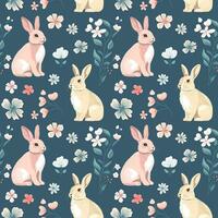Vector seamless pattern with cute bunnies. Spring backgrounds in folk style. Vintage rabbits hand drawn print.