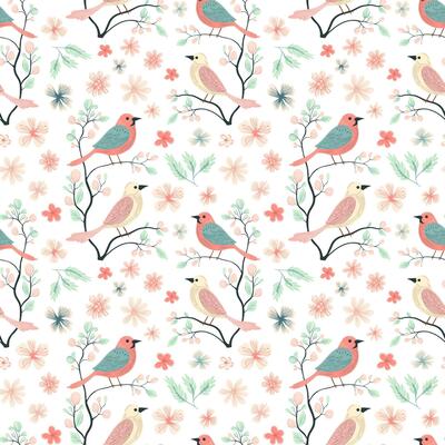 Vector seamless pattern with cute birds. Spring backgrounds in folk style. Vintage romantic nature hand drawn print.