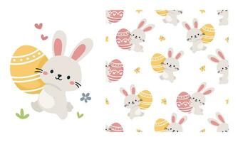 Vector set for easter holiday. Cute bunny running with easter egg, printable print. Seamless vector pattern on white background with bunnies and eggs