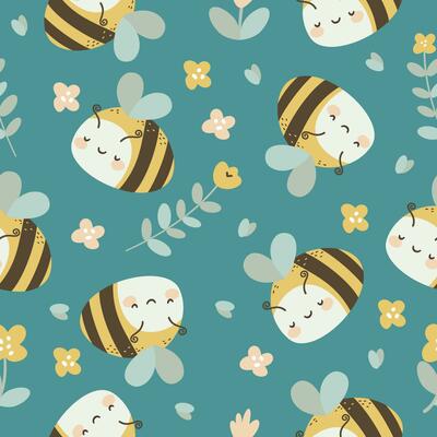 Seamless vector pattern. Cute bees and daisies. Pattern on blue background for children's products