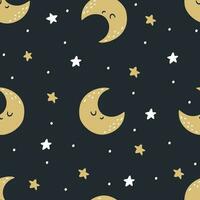 Seamless vector pattern in children's style. Starry night sky, sleeping moon smiling, stars