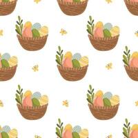 Seamless vector pattern for easter day. Baskets with Easter eggs and green lithiums, yellow butterflies