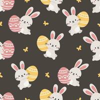 Seamless vector pattern for Easter day. Cute bunny running with Easter egg, butterflies on a dark brown background