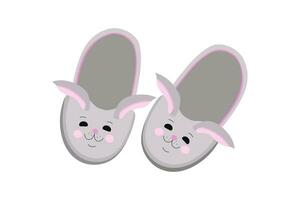 House slippers, cute pet. Funny slippers, bunny, pair of fluffy cute shoes of rabbits, hares. Cartoon flat home warm comfortable sleeping shoes vector