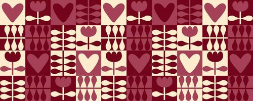 Bold style horizontal banner with tulip flowers and hearts. Geometric print for any purpose. Retro vector illustration.