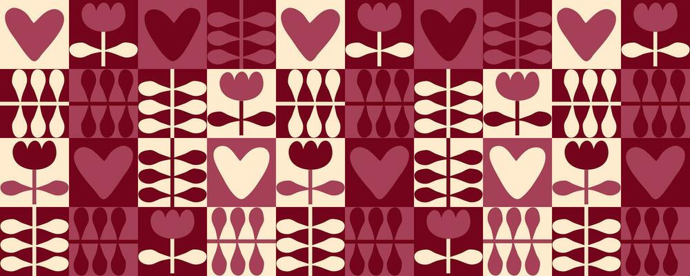 Bold style horizontal banner with tulip flowers and hearts. Geometric print for any purpose. Retro vector illustration.