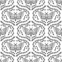 Acherontia atropos monochrome realistic doodle hawk moth seamless pattern. Perfect print for tee, paper, textile and fabric. vector