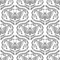 Acherontia atropos monochrome realistic doodle hawk moth seamless pattern. Perfect print for tee, paper, textile and fabric. vector