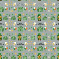 St. Patrick's Day seamless pattern with glasses of beer, rainbows, a leprechaun, coins and horseshoes on a light gray background. Vector illustration