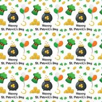 St. Patrick's Day seamless pattern with leprechaun hat, lettering, with balls of the colors of the Irish flag, clover, coins and a horseshoe on a white background. Vector illustration