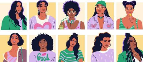 grande conjunto de de moda hembra avatares. diverso mujer vector retratos en maravilloso estilo. niña poder concepto.