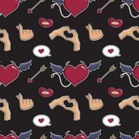Seamless vector Valentine pattern. Love pattern with devil heart, heart with hands, cupids arrow.