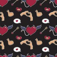 Seamless vector Valentine pattern. Love pattern with devil heart, heart with hands, cupids arrow.