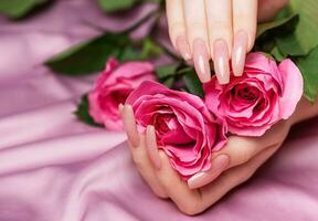 Female hands with pink nail design  hold pink roses photo