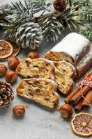 Christmas stollen with winter holidays decoration photo