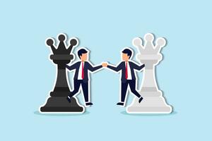 Negotiation strategy, win-win situation, partnership instead of confrontation in competition, merger or agreement concept, businessman competitors standing on chess handshaking after finish agreement. vector