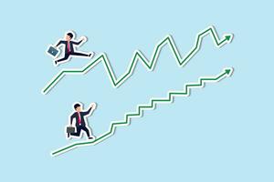 Career path or work successful ladder, investment volatility stairs or business strategy graph concept, businessman walking up stairs graph, one with smooth rising up and other on volatile path vector