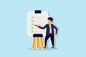 Completed checklist, finishing project tasks or work done conclusion, project management or process plan concept, smart businessman using pen to check on project list checkbox marked as completed. vector