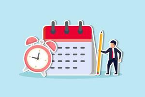 planificación de horarios y gestión del tiempo, organización de reuniones y citas, recordatorio de eventos o concepto de horario de negocios, empresario que tiene un horario de trabajo de planificación de lápiz en el calendario y reloj despertador. vector