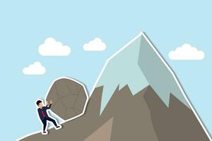 Perseverance, grit or persistence to push effort to success, resilience and strength to keep pushing and achieve goal and success concept, ambitious businessman pushing heavy boulder to mountain peak. vector