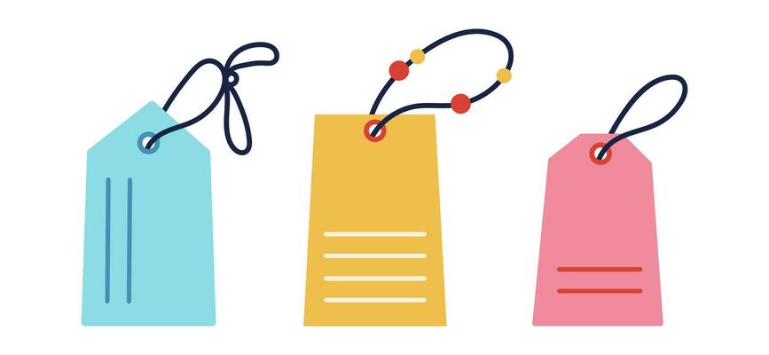 Tags vector icon set. Colorful paper labels with ribbon, rope, beads. Blank templates for gifts, sale products, marketing. Rectangular badge with copy space. Flat cartoon clipart for print, web