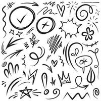 Conjunto de vectores de doodle de signo de expresión de dibujos animados dibujados a mano, flechas direccionales de curva, elementos de diseño de efectos de emoticonos, símbolos de emoción de personaje de dibujos animados, lindas líneas de trazo de pincel decorativo.