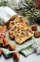 Christmas stollen with winter holidays decoration photo