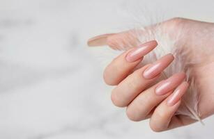 Female hands with pink nail design  hold a feather photo