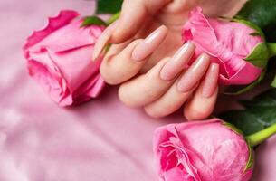 Female hands with pink nail design  hold pink roses photo