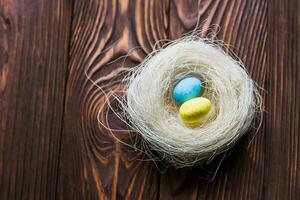 Two eggs of the color of the Ukrainian flag in the nest. The concept of an abandoned home of Ukraine for the Easter holiday. photo