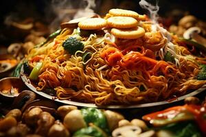 AI generated Chinese noodles with vegetables and mushrooms on dark background. Close up. photo