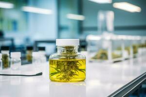 AI generated Cannabis oil in a glass bottle on the background of the laboratory photo