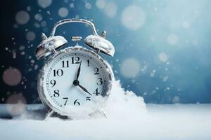 AI generated Alarm clock in snow with snowflakes and bokeh background photo
