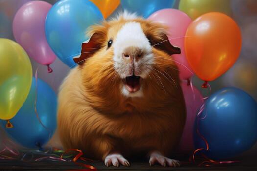 AI Generated guinea pig with colorful balloons and confetti in the background. photo