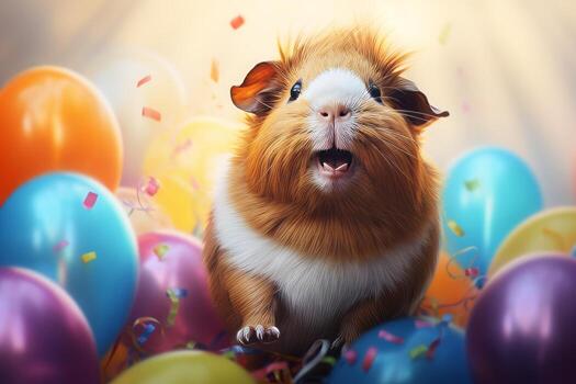 AI Generated Guinea pig with colorful balloons and confetti on a birthday party photo