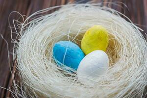 Two eggs of the color of the Ukrainian flag are yellow and blue and a white egg in the nest. The concept of an abandoned home of Ukraine for the Easter holiday. photo