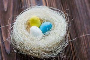 Two eggs of the color of the Ukrainian flag are yellow and blue and a white egg in the nest. The concept of an abandoned home of Ukraine for the Easter holiday. photo