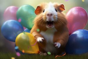 AI Generated Cute red guinea pig with colorful balloons on birthday party. photo