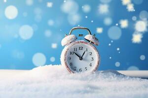 AI Generated Alarm clock in the snow with snowflakes on blue background photo