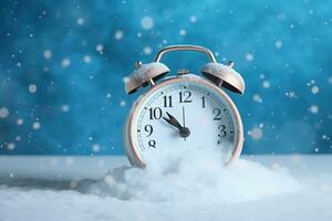 AI generated Retro alarm clock in the snow on a blue background. photo