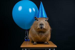 ai generado linda carpincho con fiesta sombrero y azul globo en negro antecedentes foto