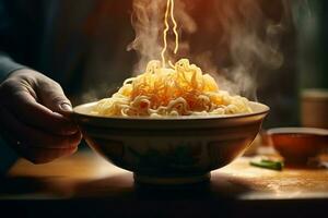 AI generated Closeup of man hands cooking ramen noodle in a bowl photo