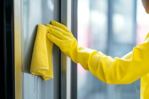 AI generated Close-up of female hands in protective gloves cleaning window pane or shower cubicle with rag photo