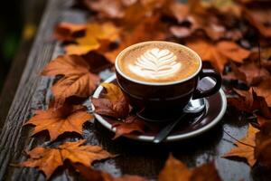 ai generado taza de café con latté Arte en otoño hojas antecedentes. foto