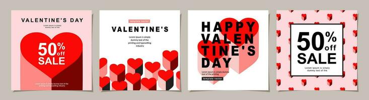 Valentines Day square banner for social media posts, mobile apps, banners, digital marketing, sales promotion and website ads. Vector backgrounds, geometric style with hearts pattern.