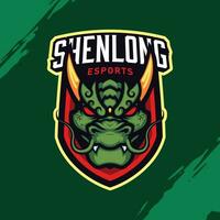 Mascot Logo of a Green Dragon Head with Red Eyes and Golden Horns vector