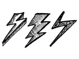 Set of Hand drawn electric lightning. Doodle thunder bolt and thunderstorm. isolated on white background. vector illustration